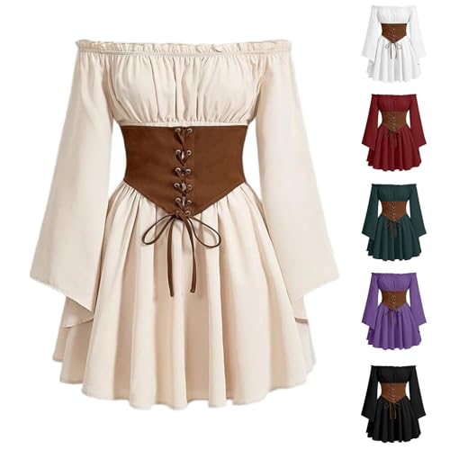 AACH Damen Kleider Elegant Mittelalter Kleidung One Off Shoulder Kleid Renaissance Viktorianisches Kostüm Retro Party Midikleid Gothic Schnüren Tunikakleider mit Trompetenärmel Abendkleid von AACH