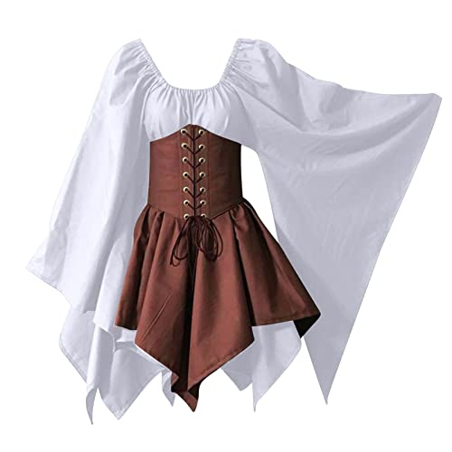 AACH Damen Mittelalter Kleid mit Trompetenärmel Kleider Renaissance Karneval Kostüm Cosplay Party Halloween Kleidung Langarm Gebundene Taille Midikleid Winter Retro Patchwork Partykleider von AACH