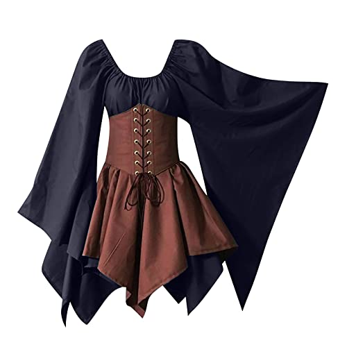 AACH Damen Mittelalter Kleid mit Trompetenärmel Kleider Renaissance Karneval Kostüm Cosplay Party Halloween Kleidung Langarm Gebundene Taille Midikleid Winter Retro Patchwork Partykleider von AACH
