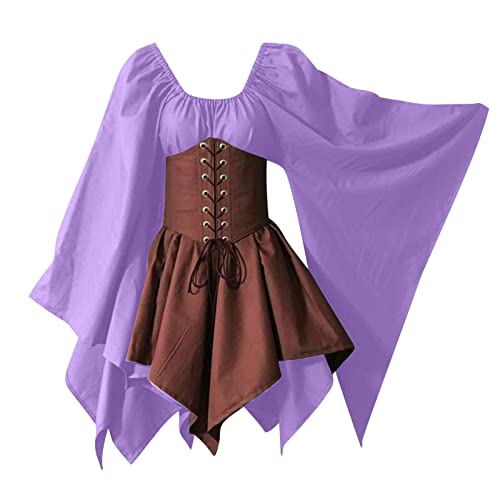 AACH Damen Mittelalter Kleid mit Trompetenärmel Kleider Renaissance Karneval Kostüm Cosplay Party Halloween Kleidung Langarm Gebundene Taille Midikleid Winter Retro Patchwork Partykleider von AACH