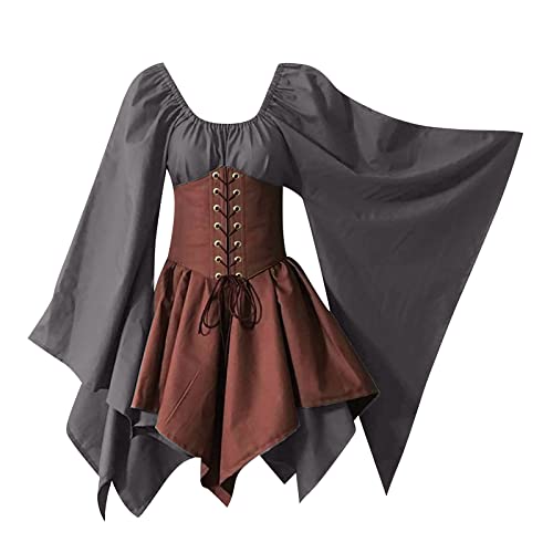 AACH Damen Mittelalter Kleid mit Trompetenärmel Kleider Renaissance Karneval Kostüm Cosplay Party Halloween Kleidung Langarm Gebundene Taille Midikleid Winter Retro Patchwork Partykleider von AACH