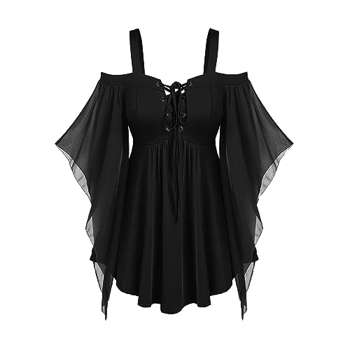 AACH Gothic Kleid Damen Halloween Kostüm Übergröße Schnüren Minikleid mit Fledermausärmel Kleider für Frauen Trägerkleid Gotisch Festliches Oberteil Vintage Schwarz Mittelalterkleider von AACH