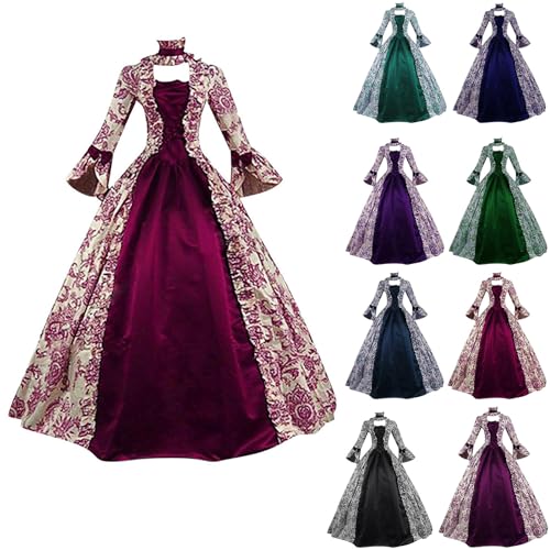 AACH Maxikleid Damen Viktorianisches Partykleid Mittelalterliches Swing Abendkleid Formelles Outfit Vintage Ausgestellte Ärmel Kleider Cosplay Kostüme Halloween Patchwork Hexenkleid von AACH