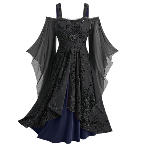 AACH Mittelalter Kleid Damen Einfarbig Maxikleid One Off Shoulder Kleider Vintage Gotisch Partykleid Fledermausärmel Trägerkleid Halloween Trendiges Tunikakleider Gestuft Renaissance Kostüm von AACH