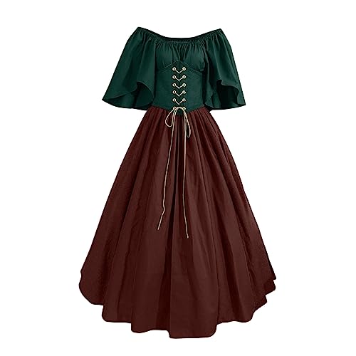 AACH Mittelalter Kleid Damen Korsett Gothic Kurzarm Kleidung mit Schnürung Halloween Kostüm Renaissance Viktorianische Vintage Kleider Off Shoulder Rockabilly Abendkleider Karneval Maxikleid von AACH