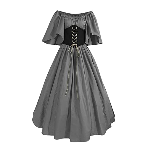 AACH Mittelalter Kleid Damen Korsett Gothic Kurzarm Kleidung mit Schnürung Halloween Kostüm Renaissance Viktorianische Vintage Kleider Off Shoulder Rockabilly Abendkleider Karneval Maxikleid von AACH