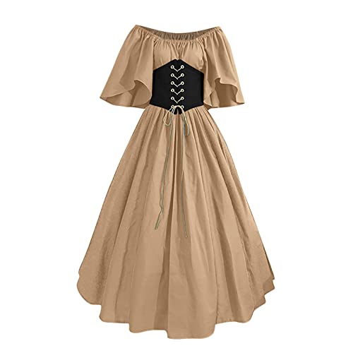 AACH Mittelalter Kleid Damen Korsett Gothic Kurzarm Kleidung mit Schnürung Halloween Kostüm Renaissance Viktorianische Vintage Kleider Off Shoulder Rockabilly Abendkleider Karneval Maxikleid von AACH