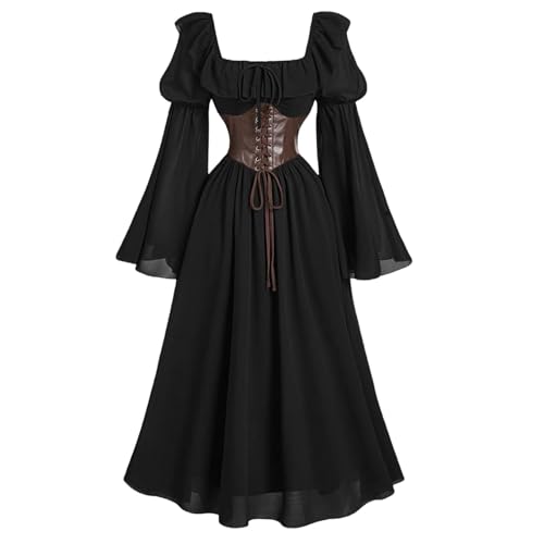 AACH Mittelalter Kleid Damen Vintage Kleider Gothic Renaissance Kostüm Chiffon Gebundene Taille Maxikleid Langärmelige Court Kleidung mit Trompetenärmel Tunikakleider Schnüren Abendkleid von AACH