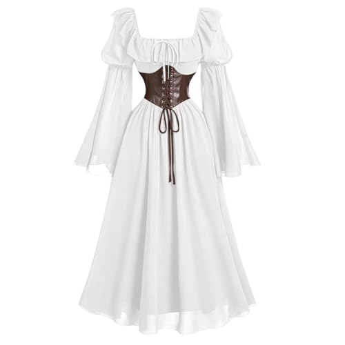 AACH Mittelalter Kleid Damen Vintage Kleider Gothic Renaissance Kostüm Chiffon Gebundene Taille Maxikleid Langärmelige Court Kleidung mit Trompetenärmel Tunikakleider Schnüren Abendkleid von AACH