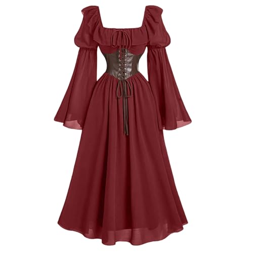 AACH Mittelalter Kleid Damen Vintage Kleider Gothic Renaissance Kostüm Chiffon Gebundene Taille Maxikleid Langärmelige Court Kleidung mit Trompetenärmel Tunikakleider Schnüren Abendkleid von AACH