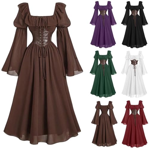 AACH Mittelalter Kleid Damen Vintage Kleider Gothic Renaissance Kostüm Chiffon Gebundene Taille Maxikleid Langärmelige Court Kleidung mit Trompetenärmel Tunikakleider Schnüren Abendkleid von AACH
