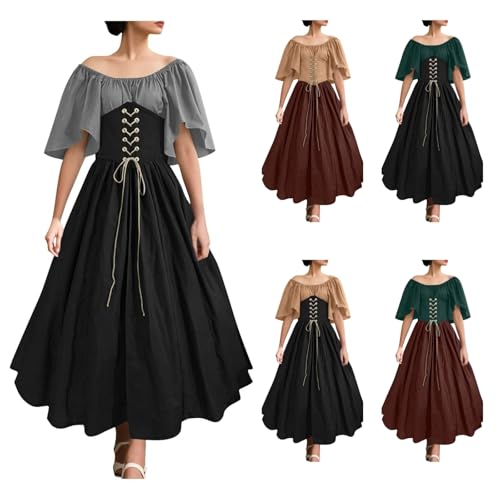 AACH Mittelalter Kleid Damen Vintage Kleider Viktorianisches Renaissance Kostüm Schnüren One Off Shoulder Abendkleid 2025 Halloween Partykleid Patchwork Tunikakleider Oversized Verbandkleid von AACH