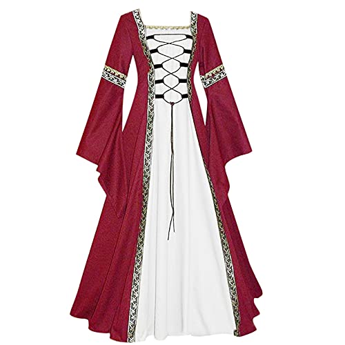 AACH Mittelalter Kleidung Damen 2025 Renaissance Kostüme Retro Einfarbig Maxikleid mit Trompetenärmel Kleid Gothic Kleider Halloween Karneval Partykleid Vintage Schnüren Ballkleid von AACH