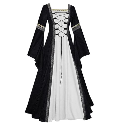 AACH Mittelalter Kleidung Damen 2025 Renaissance Kostüme Retro Einfarbig Maxikleid mit Trompetenärmel Kleid Gothic Kleider Halloween Karneval Partykleid Vintage Schnüren Ballkleid von AACH