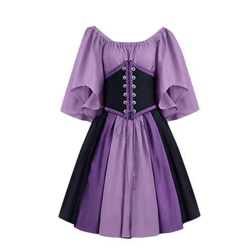 AACH Mittelalter Kleidung Damen Kurz Kleid Viktorianisches Renaissance Kostüm One Off Shoulder Kleider Retro Festlich Minikleid Kurzärmeliges Schnüren Cocktailkleid für Halloween Karneval von AACH