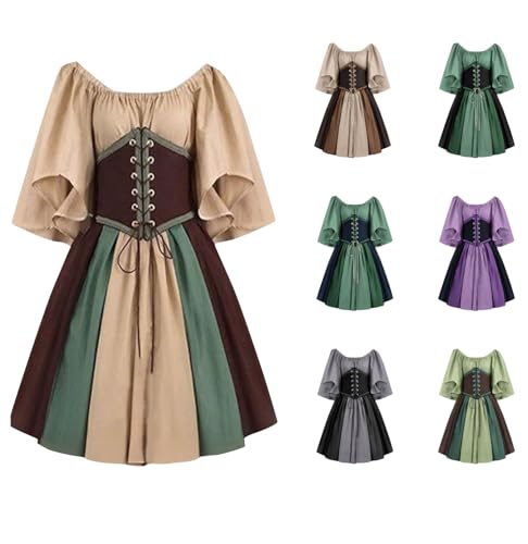 AACH Mittelalter Kleidung Damen Kurz Kleid Viktorianisches Renaissance Kostüm One Off Shoulder Kleider Retro Festlich Minikleid Kurzärmeliges Schnüren Cocktailkleid für Halloween Karneval von AACH