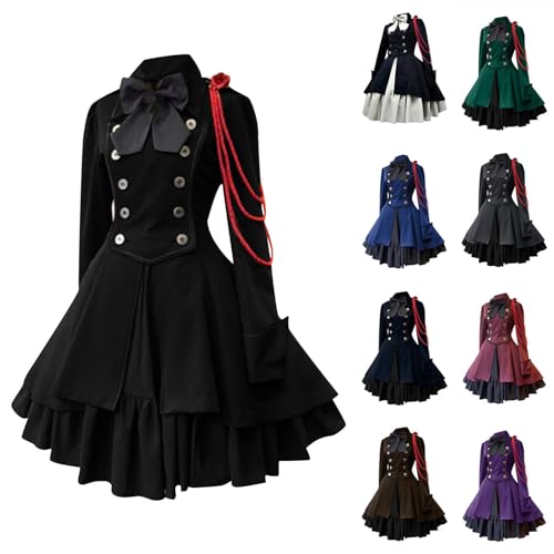 Gothic Kleidung Damen Rockabilly Kleid Swing A-Linie Partykleider Langarm Vintage Steampunk Kostüm Hohe Taille Cocktailkleid Festliches Halloween Renaissance Faltenrock Mittelalterkleid von AACH