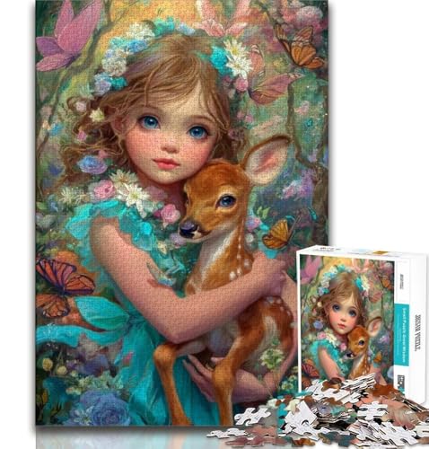 1000-teiliges Puzzle mit kleinem Mädchen und Hirschbaby für Erwachsene und Jugendliche, Lernspielzeug, lustige Familienspiele, einzigartige Heimdekoration (38x26cm) von AADSAZA