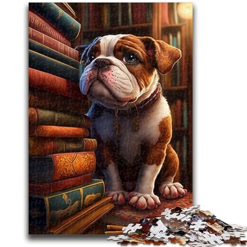 Bulldogge auf dem Buch-Puzzle für Erwachsene und Teenager, Puzzle zum Zeitvertreib zu Hause mit vollständig ineinandergreifenden, zufällig geformten Teilen (50x75cm) von AADSAZA