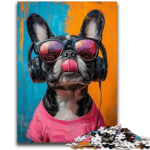 Bulldogge hört Musik, 1000-teiliges Puzzle für Erwachsene und Jugendliche, Stressabbau, schwierige Herausforderung, tolles Geschenk für die ganze Familie (50x75cm) von AADSAZA