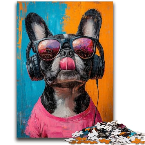 Bulldogge hört Musik, Puzzle für Erwachsene, 1000 Teile, hilft dem Gehirn, süchtig machendes Spielzeug zu trainieren, um Geduld bei der Eltern-Kind-Interaktion zu fördern (38x26cm) von AADSAZA