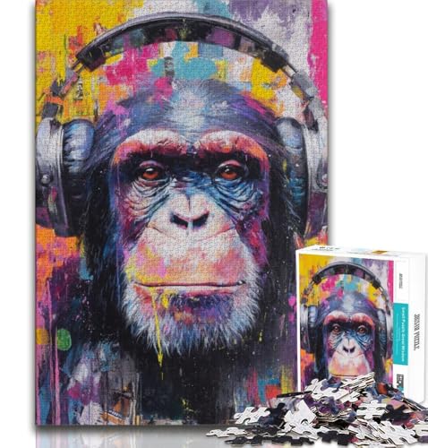 Gorilla mit Kopfhörer-Puzzle für Erwachsene und Jugendliche, 1000 Teile, Lernspiel, Herausforderungsspielzeug, ganze Familie (38x26cm) von AADSAZA