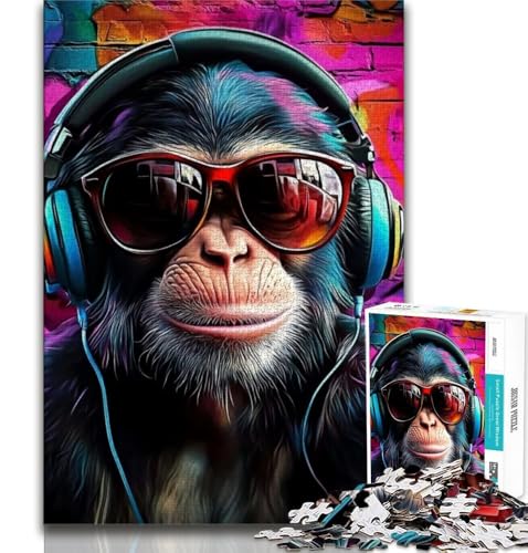 Gorilla mit Kopfhörer-Puzzle für Teenager, Stressabbau, Zeitvertreib zu Hause, mit passendem Poster und Quizblatt (75x50cm) von AADSAZA