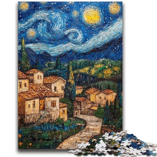 Haus unter dem Nachthimmel, Puzzle für Erwachsene, 1000 Teile, hilft dem Gehirn, süchtig machendes Spielzeug zu trainieren, um Geduld bei der Eltern-Kind-Interaktion zu fördern (38x26cm) von AADSAZA