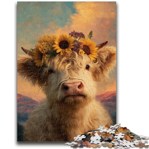 Hochlandkühe und Sonnenblumen, 1000-teiliges Puzzle für Erwachsene und Jugendliche, Herausforderung für die Gehirnintelligenz, süchtig machendes Spielzeug für die Heimdekoration (38x26cm) von AADSAZA