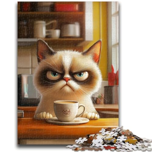 Katze mit Kaffee-Puzzle, 1000 Teile, für Erwachsene und Jugendliche, Spielzeug, Lernspiele, Stressabbau, tolle Geschenke und Spielzeuge (38x26cm) von AADSAZA