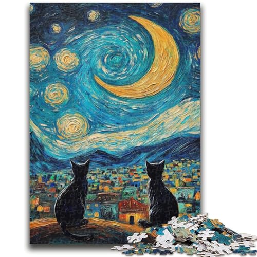 Nachthimmel-Puzzle mit schwarzer Katze, 1000 Teile, für Erwachsene und Jugendliche, Spielzeug, Lernspiele, Stressabbau, geeignet als Schreibtischdekoration (38x26cm) von AADSAZA