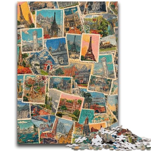 Pariser Briefmarken-Collage-Puzzle für Teenager, 1000 Teile, dekomprimierendes intellektuelles Lernspielzeug, tolle Geschenke und Spielzeuge (38x26cm) von AADSAZA