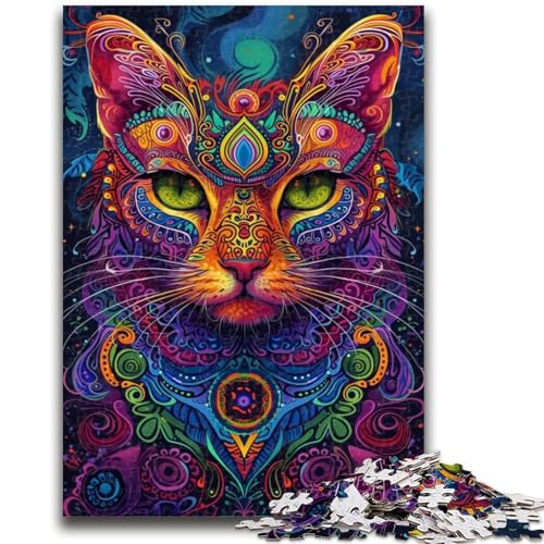 Psychedelische Katze, 1000-teiliges Puzzle für Erwachsene und Jugendliche, Mustermontage, Spaß bei Aktivitäten zu Hause, Geburtstagsgeschenk, Reisegeschenke (38x26cm) von AADSAZA