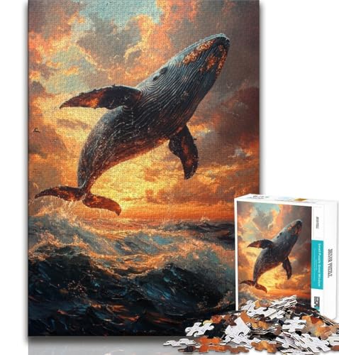 Puzzle „Wale springen bei Sonnenuntergang“ für Erwachsene und Jugendliche, 1000 Teile, anspruchsvoll zu vervollständigen, Aber lustig und humorvoll, mit passendem Poster und Quizblatt (38x26cm) von AADSAZA