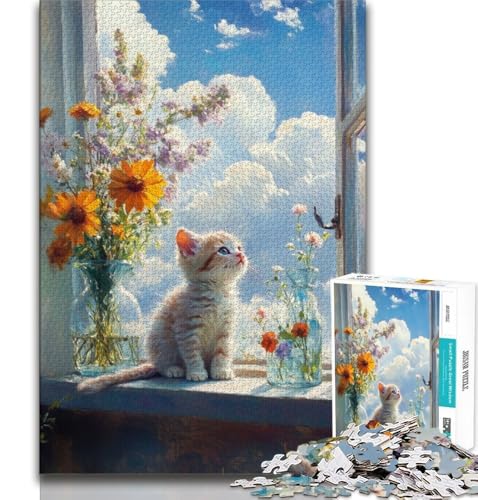 Puzzle 1000 Teile für Erwachsene, Fensterkätzchen, Lernspiele, Heimdekoration, Lernspiel für Geburtstag, Weihnachten (75x50cm) von AADSAZA