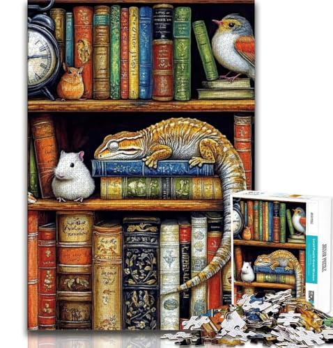 Puzzle 1000 Teile für Teenager, Chamäleon im Bücherregal, anspruchsvolles Spiel, ganze Familie (38x26cm) von AADSAZA