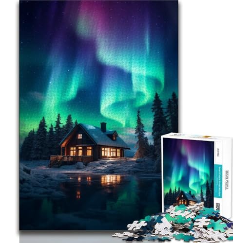 Puzzle für Erwachsene, 1000 Puzzles, Hütte unter der Aurora, anspruchsvolles Spiel und Familienspiel mit passendem Poster und Quizblatt (75x50cm) von AADSAZA