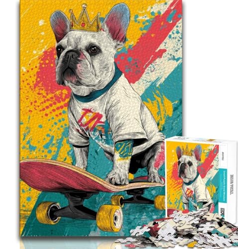 Puzzle für Erwachsene, 1000 Teile, Französische Bulldogge auf Skateboard, Stressabbau, schwierige Herausforderung, jedes Teil ist einzigartig – anspruchsvolles Familienspiel (75x50cm) von AADSAZA