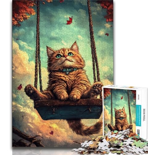 Puzzle für Erwachsene, 1000 Teile, Katze auf Einer Schaukel, hilft dem Gehirn, süchtig machendes Spielzeug zu trainieren, um Geduld zu fördern, Künstlersammlung, bildende Kunst (75x50cm) von AADSAZA