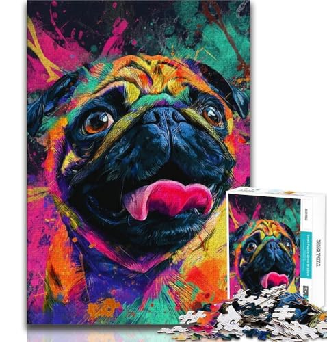 Puzzle für Erwachsene, 1000 Teile, Mops-Ölgemälde, anspruchsvolles Spielspielzeug, Wanddekoration, einzigartige Geburtstags (75x50cm) von AADSAZA