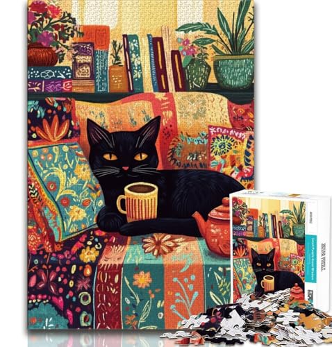 Puzzle für Teenager, 1000 Teile, Schwarze Katze trinkt Kaffee, pädagogisches Spielzeug zum Stressabbau, ganze Familie (75x50cm) von AADSAZA