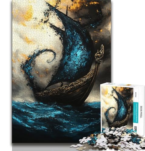 Puzzle für Teenager, 1000 Teile, Wikinger-Drakkar-Boot, hilft dem Gehirn, süchtig machendes Spielzeug zu trainieren, um Geduld zu fördern, Künstlersammlung, bildende Kunst (75x50cm) von AADSAZA