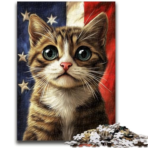 Puzzle mit amerikanischer Flagge und Katze für Erwachsene, 1000-teiliges Puzzle, anspruchsvoll zu vervollständigen, Aber unterhaltsames und humorvolles Lernspiel zum Geburtstag (50x75cm) von AADSAZA