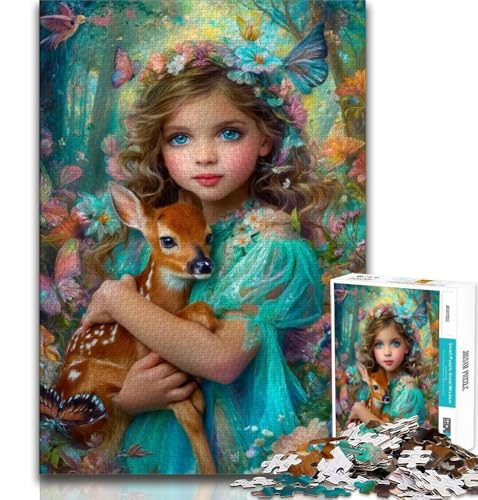 Puzzle mit kleinen Mädchen und Hirschbaby für Erwachsene und Teenager, Herausforderung für die Gehirnintelligenz, süchtig machendes Spielzeug für die Heimdekoration (38x26cm) von AADSAZA