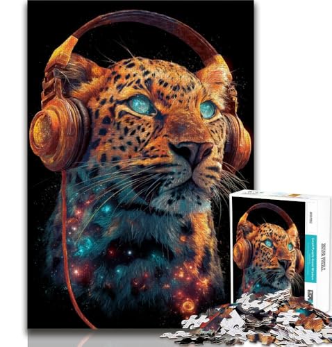 Puzzles für Erwachsene und Jugendliche, Leopard mit Kopfhörern, anspruchsvolles Spiel und Lernspiel für die ganze Familie zum Geburtstag, Weihnachten (75x50cm) von AADSAZA