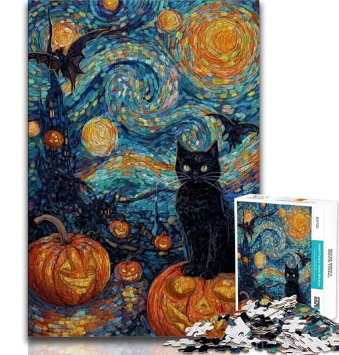 Puzzles für Erwachsene und Teenager, Halloween-Puzzle mit schwarzer Katze, Familienunterhaltungsspielzeug mit passendem Poster und Quizblatt (38x26cm) von AADSAZA