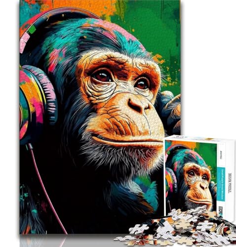 Schimpanse mit Kopfhörer-Puzzle für Erwachsene und Jugendliche, 1000 Teile, Lernspiel, Herausforderungsspielzeug, ganze Familie (38x26cm) von AADSAZA