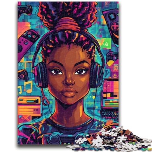 Schwarzes Mädchen hört Musik, Puzzle für Teenager, 1000 Teile, Mustermontage, Spaß bei Aktivitäten zu Hause, Geburtstagsgeschenk, Reisegeschenke (50x75cm) von AADSAZA