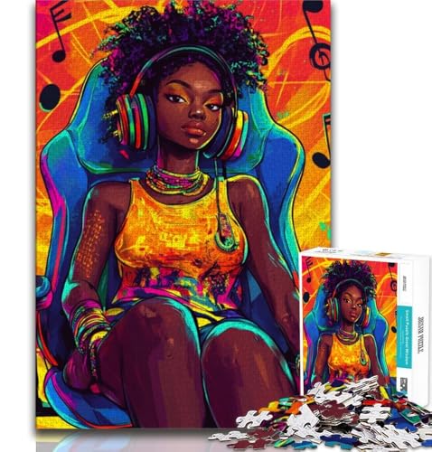 Schwarzes Mädchen hört Musik,Puzzle für Erwachsene und Teenager,1000-teiliges Puzzle,anspruchsvolles Spiel und Familienspiel mit vollständig ineinandergreifenden,zufällig geformten Teilen (75x50cm) von AADSAZA