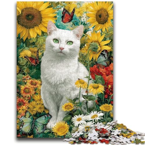 Sonnenblumen- und weiße Katzen-Puzzle für Teenager, 1000 Teile, Lernspielzeug, ganze Familie (38x26cm) von AADSAZA